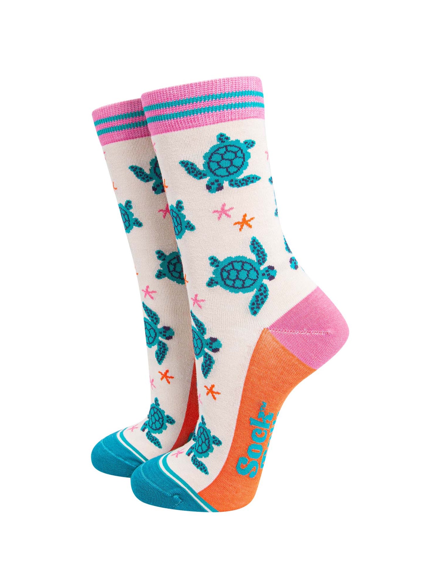womens-bamboo-socks-cream-sea-turtles-and-starfish-pattern-shows-turquoise-swimming-turtles-and-small-pink-and-orange-starfish