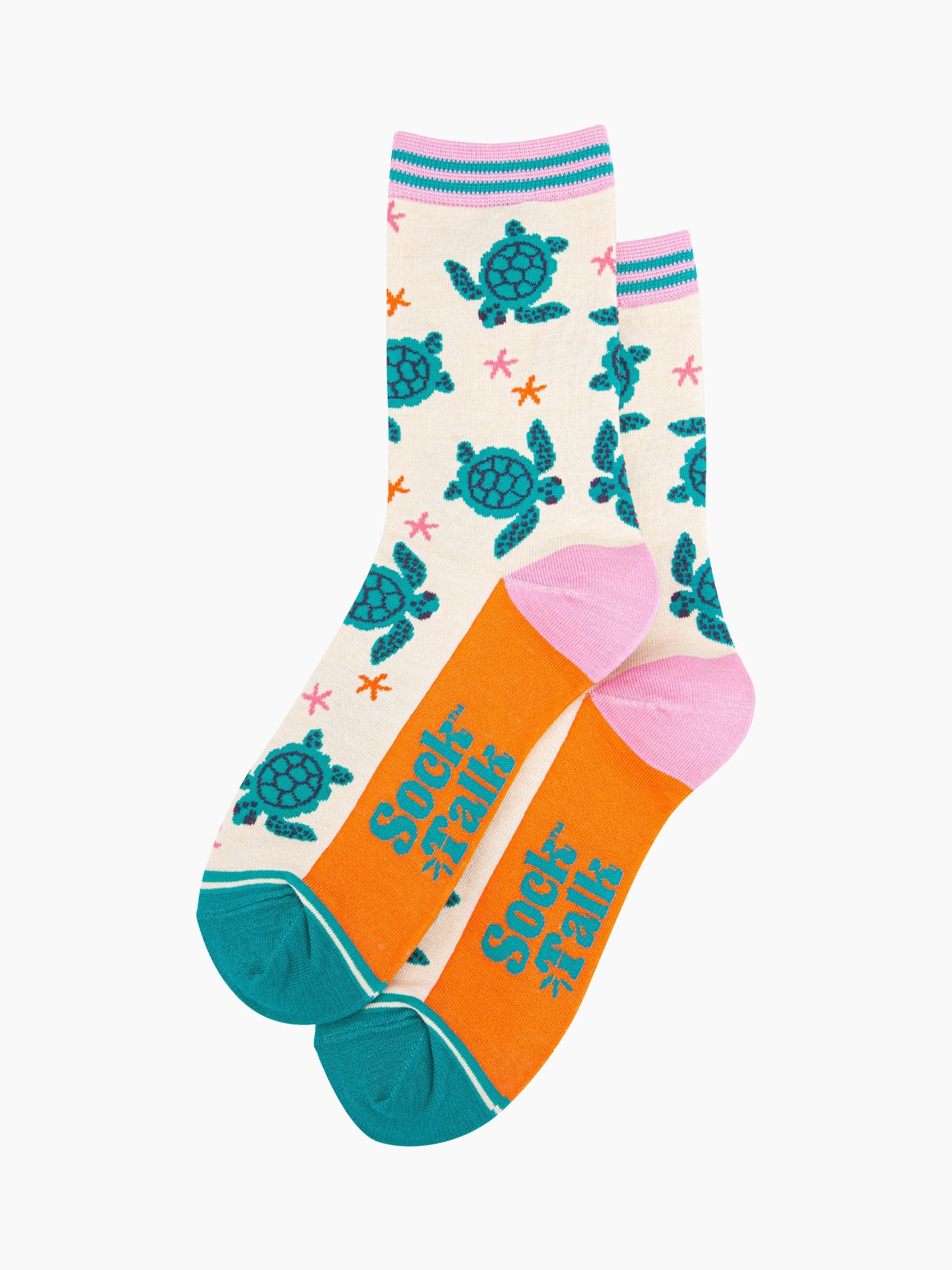 womens-bamboo-socks-cream-sea-turtles-and-starfish-laying-flat-the-pattern-covers-the-body-of-the-design