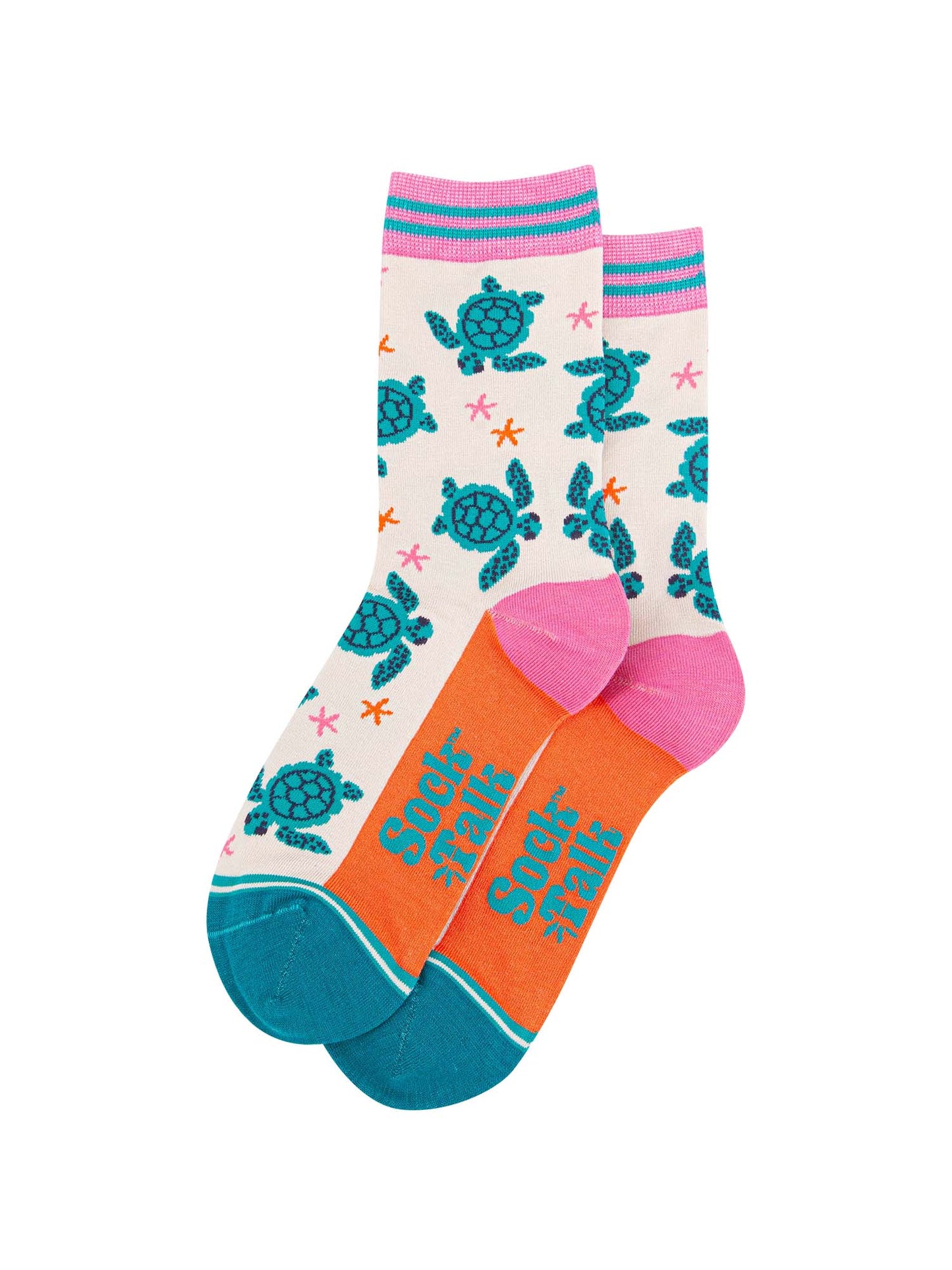 womens-bamboo-socks-cream-sea-turtles-and-starfish-laying-flat-the-pattern-covers-the-body-of-the-design
