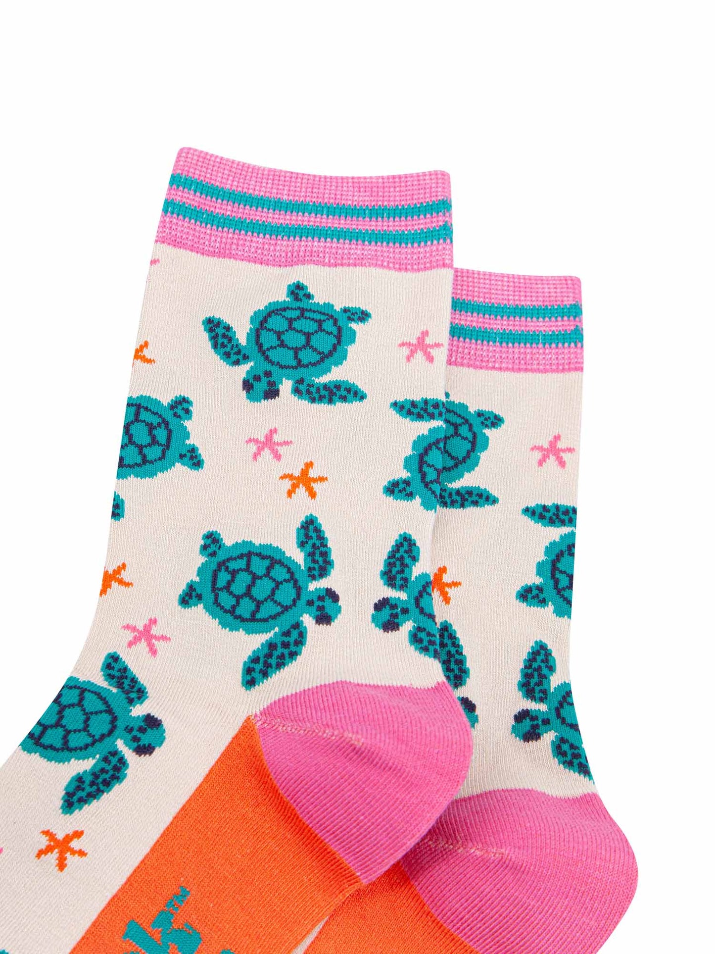 womens-bamboo-socks-cream-sea-turtles-and-starfish-close-up-swimming-turtles-with-dainty-starfish-scattered-around