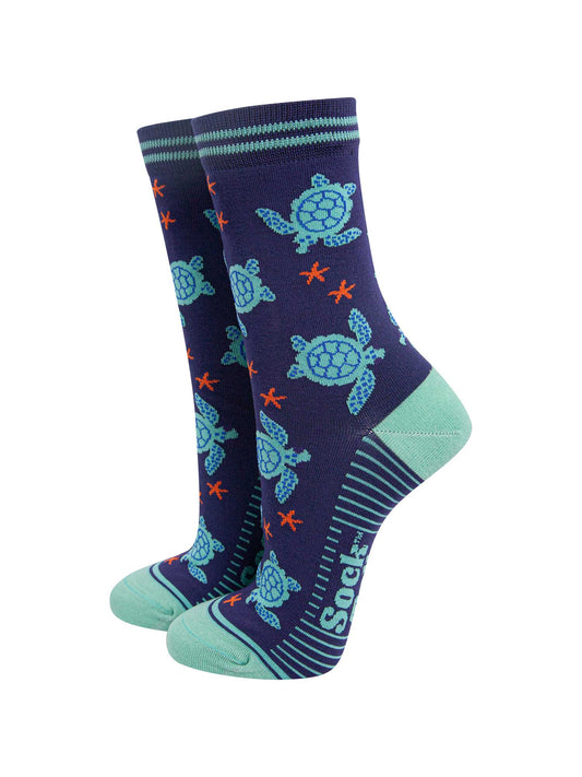 womens-bamboo-socks-navy-blue-mint-turtle-sealife-animals