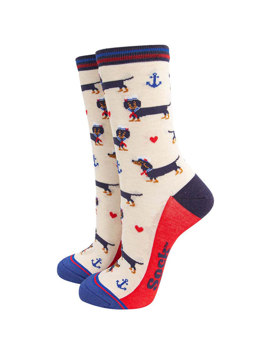 womens-bamboo-socks-cream-sausage-dog-sailor-pattern-of-black-dachshunds-wearing-sailor-hats-and-neckties