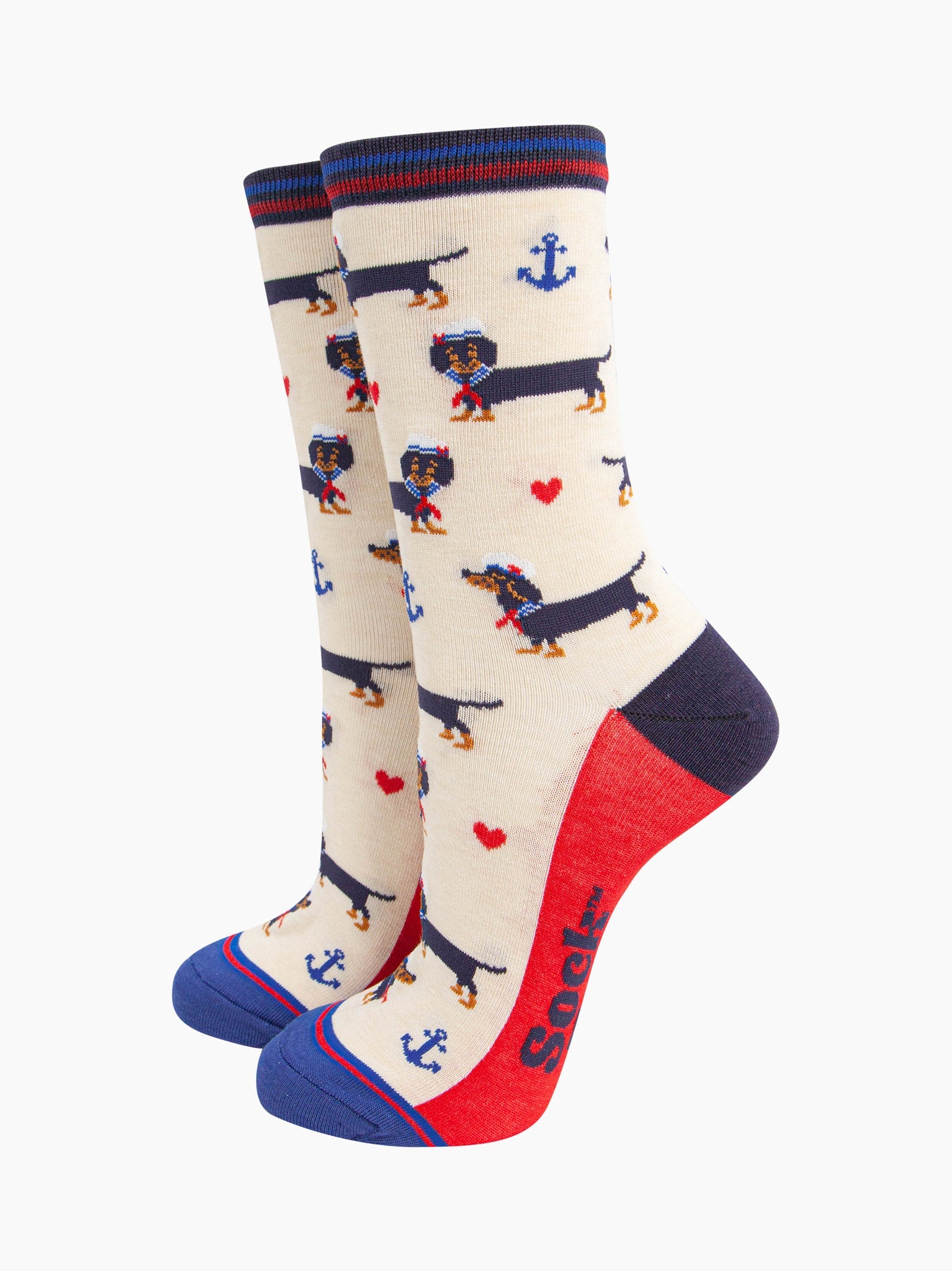 womens-bamboo-socks-cream-sausage-dog-sailor-pattern-of-black-dachshunds-wearing-sailor-hats-and-neckties