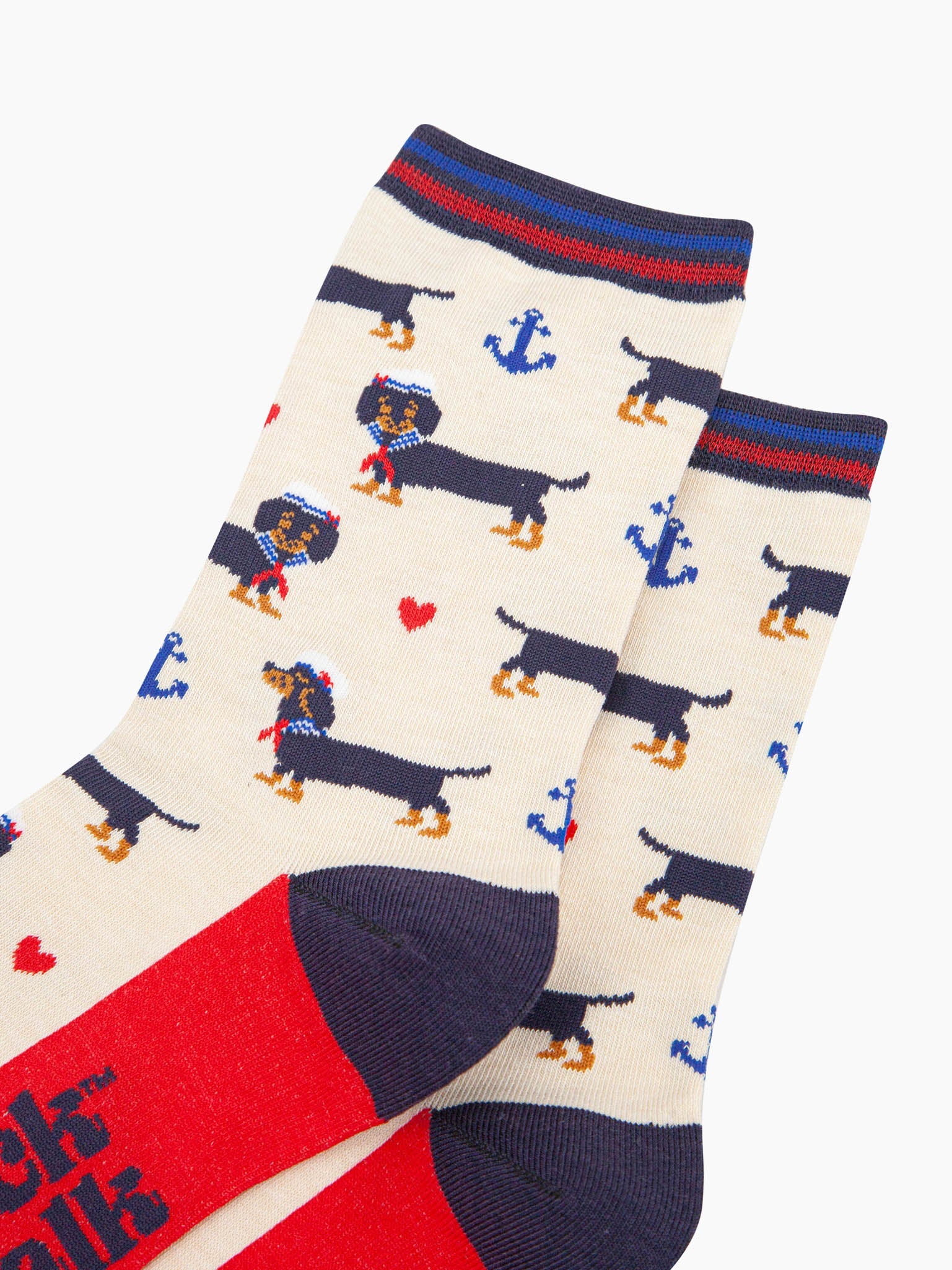 womens-bamboo-socks-cream-sausage-dog-sailor-close-up-dachshund-dogs-dresses-as-sailors-blue-anchors-red-love-hearts