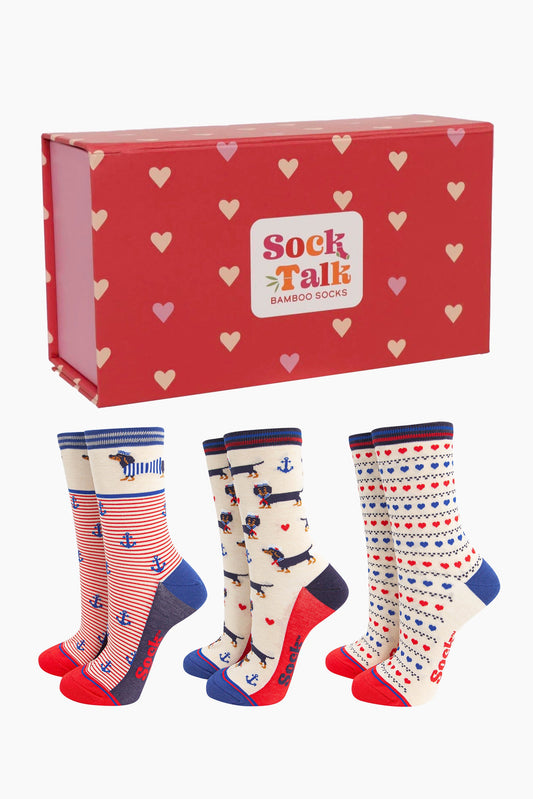 womens-bamboo-socks-gift-box-nautical-sausage-dogs-three-pairs-ankle-socks-dachshunds