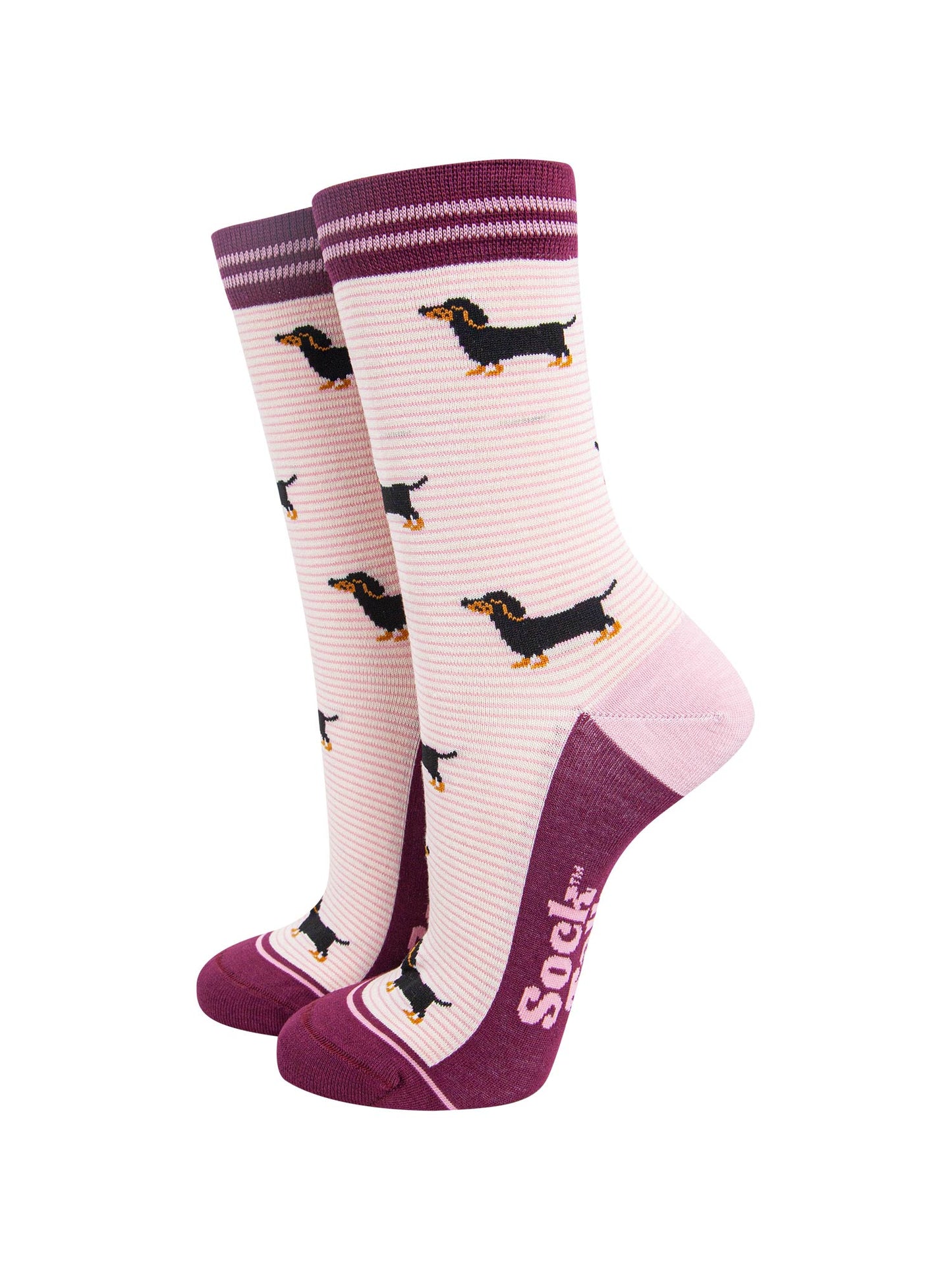 womens-bamboo-socks-cream-berry-sausage-dog-stripes-dachshunds
