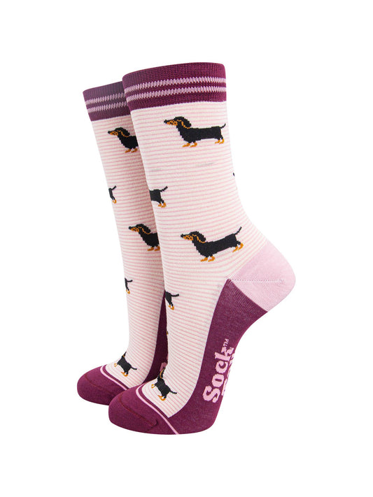 womens-bamboo-socks-cream-berry-sausage-dog-stripes-dachshunds