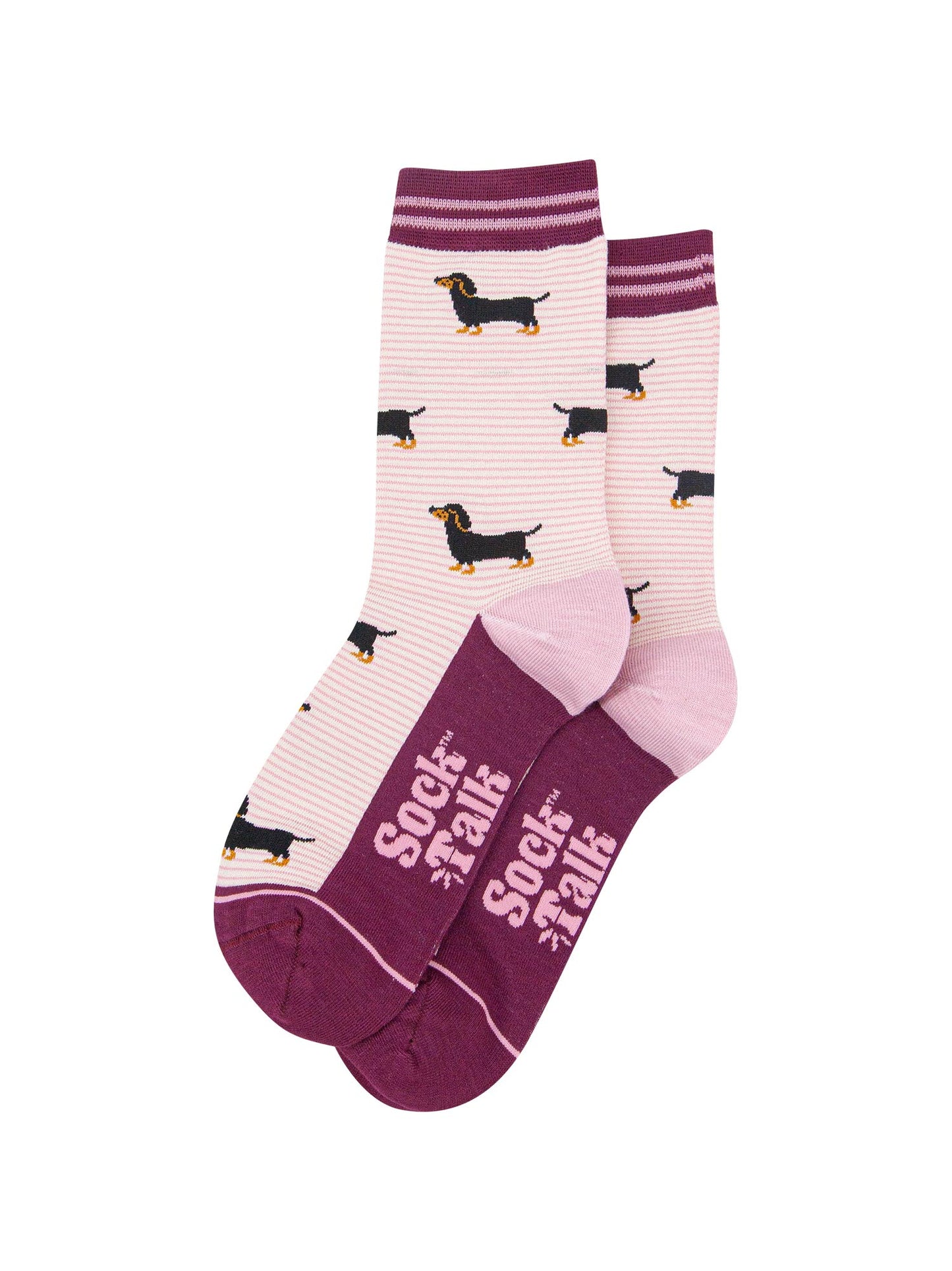 womens-bamboo-socks-cream-berry-sausage-dog-stripes-laying-flat