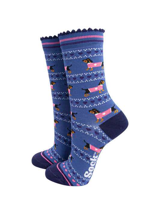 womens-bamboo-socks-denim-blue-navy-blue-sausage-dogs-fair-isle-dachshunds