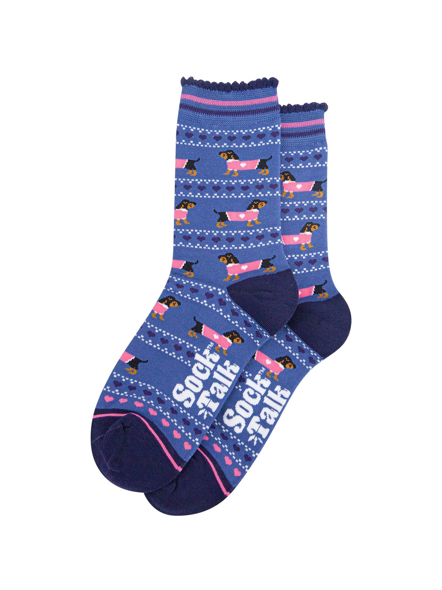 womens-bamboo-socks-denim-blue-navy-blue-sausage-dogs-fair-isle-laying-flat