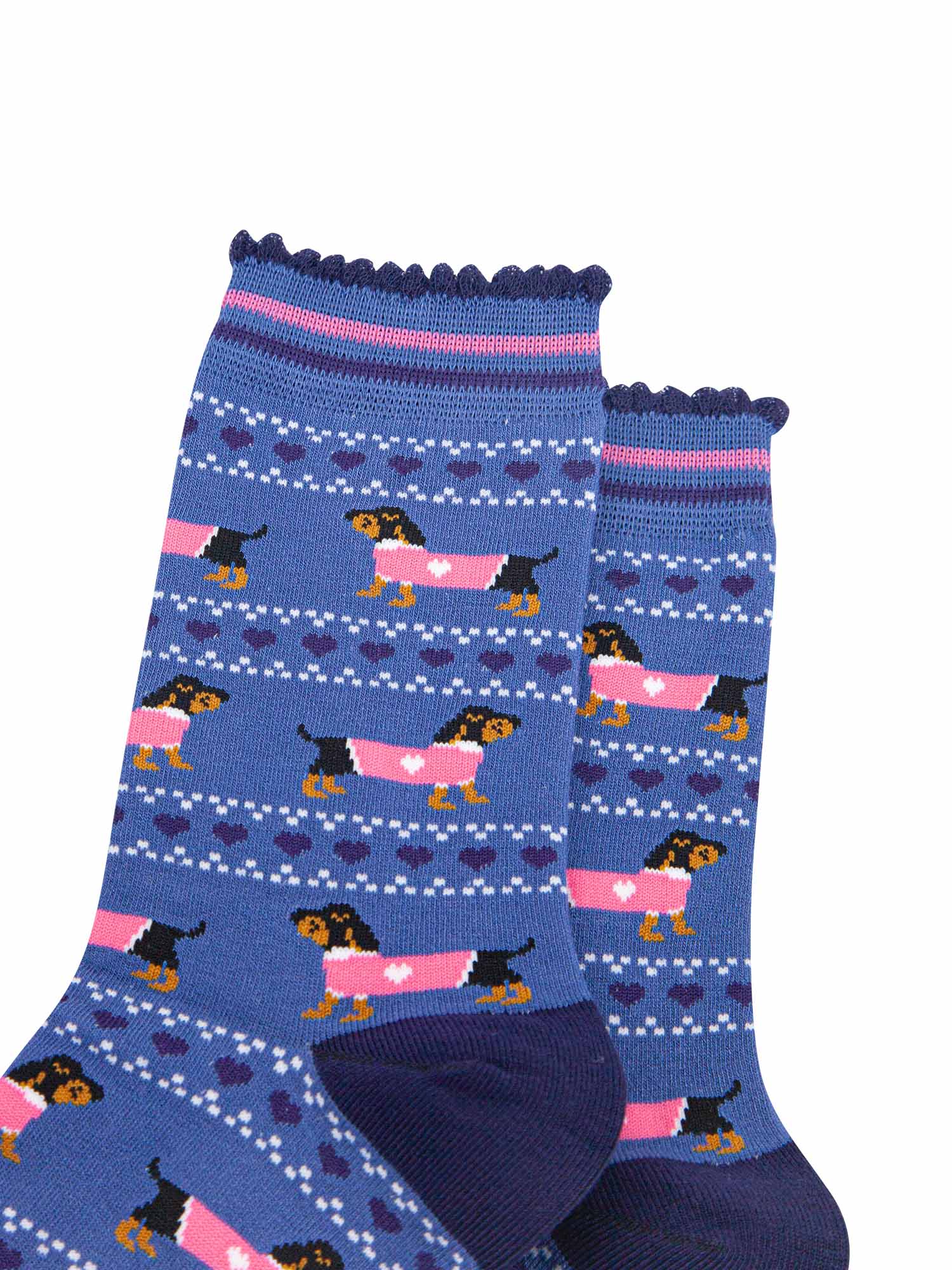 womens-bamboo-socks-denim-blue-navy-blue-sausage-dogs-fair-isle-close-up