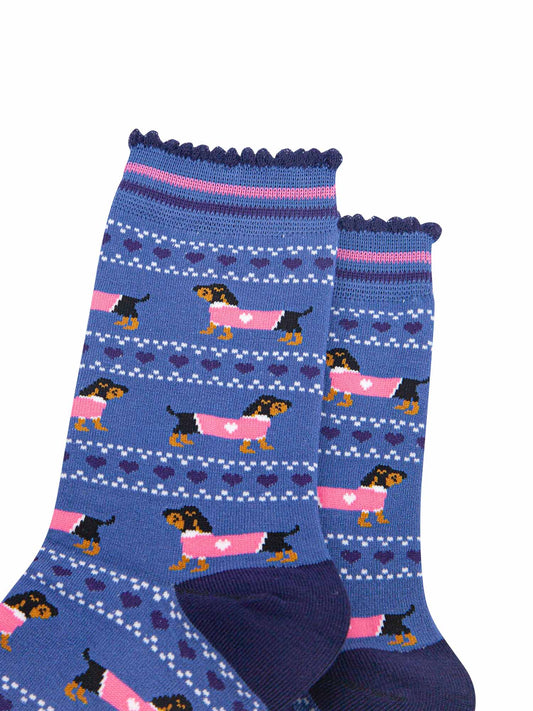 womens-bamboo-socks-denim-blue-navy-blue-sausage-dogs-fair-isle-close-up
