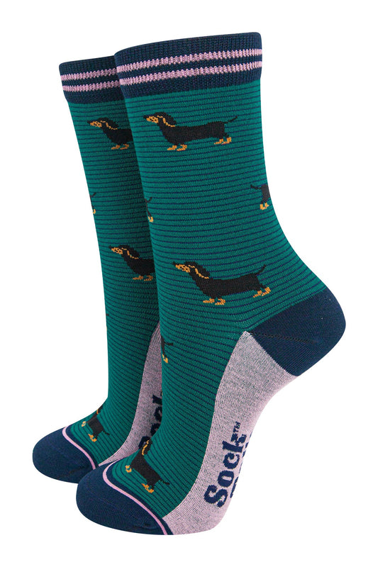 womens-bamboo-socks-forest-green-navy-blue-sausage-dog-stripes-dachshunds