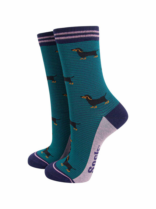 womens-bamboo-socks-forest-green-navy-blue-sausage-dog-stripes-dachshunds