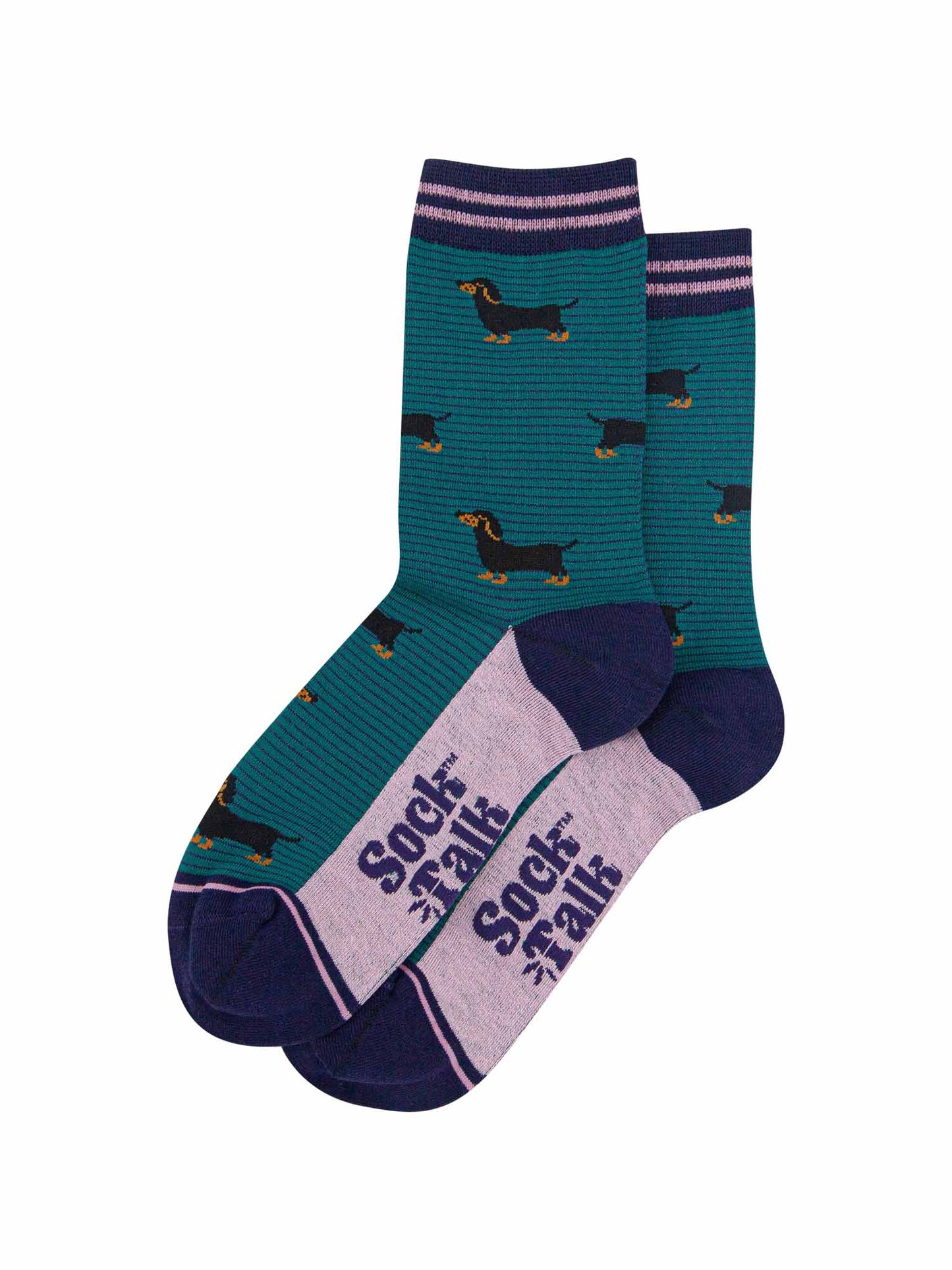 womens-bamboo-socks-forest-green-navy-blue-sausage-dog-stripes-laying-flat