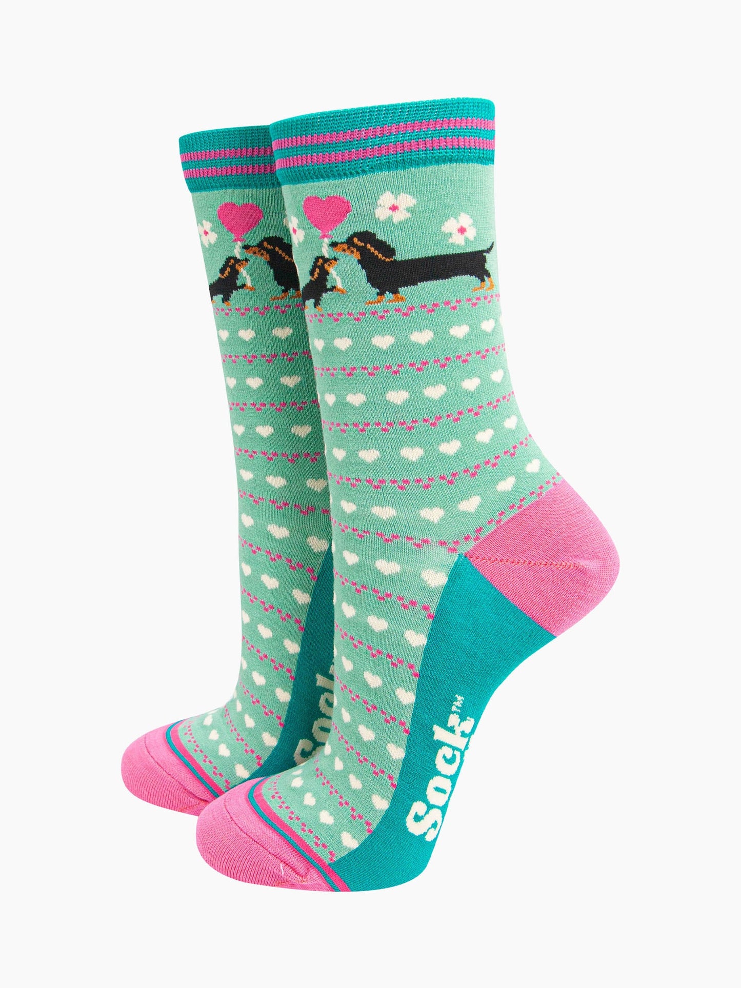 womens-bamboo-socks-mint-sausage-dog-puppy-love-hearts-pink-balloon-black-dachshunds