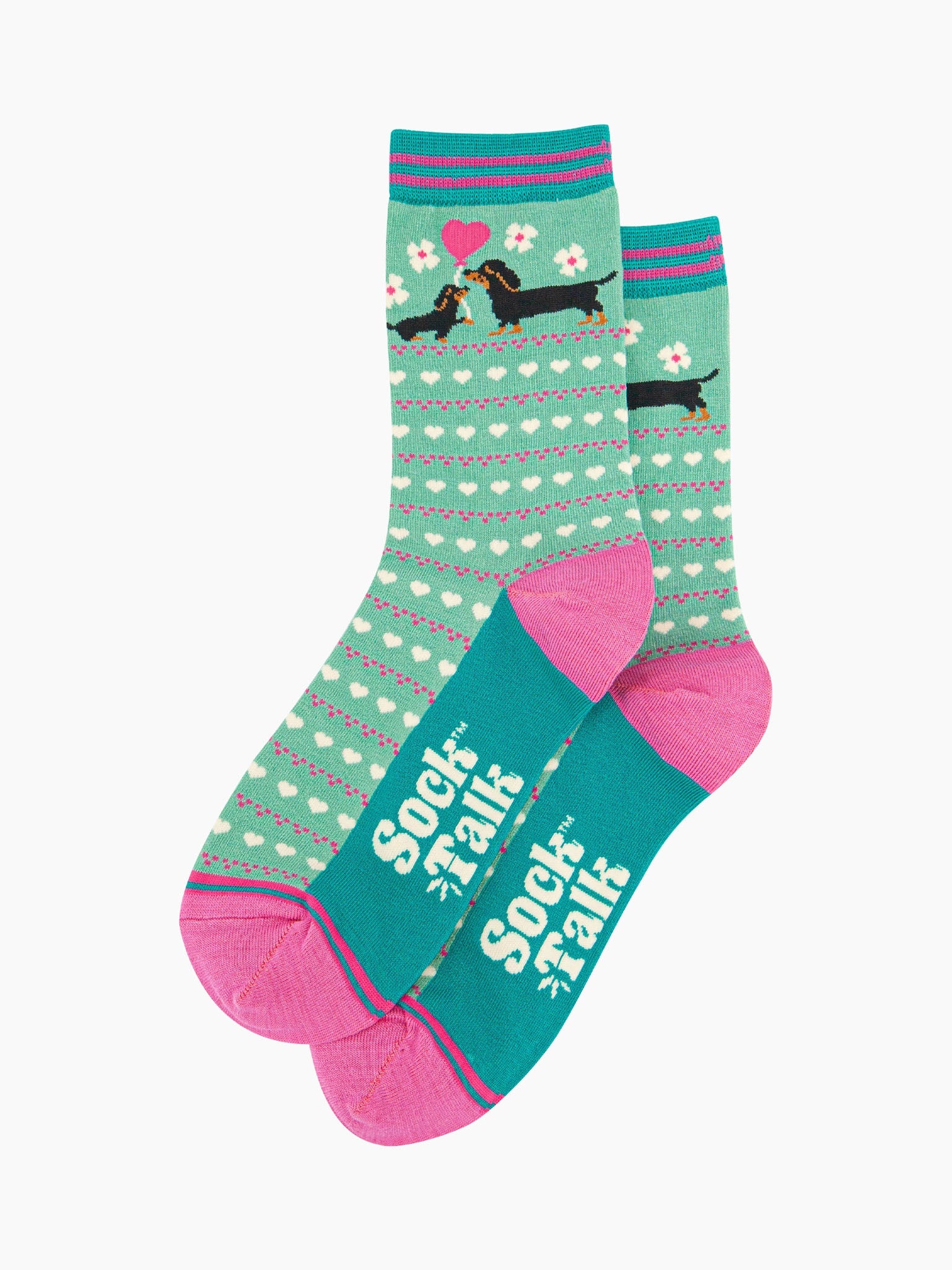 womens-bamboo-socks-mint-sausage-dog-puppy-laying-flat-puppies-white-love-hearts-pink-balloon