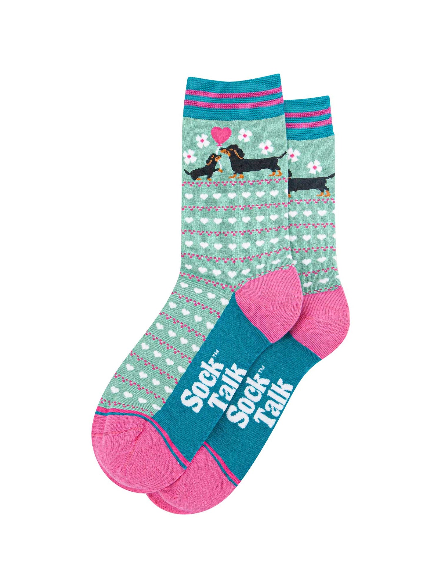 womens-bamboo-socks-mint-sausage-dog-puppy-laying-flat-puppies-white-love-hearts-pink-balloon