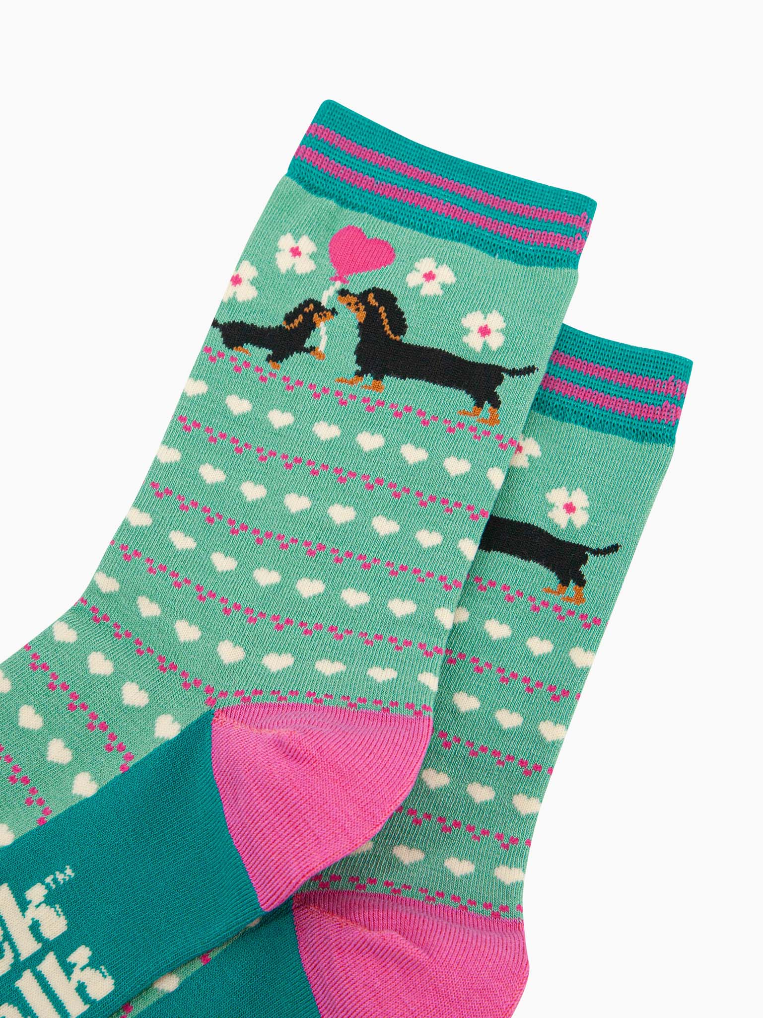 womens-bamboo-socks-mint-sausage-dog-puppy-close-up-adult-dachshund-baby-pink-love-heart-balloon-white-flowers