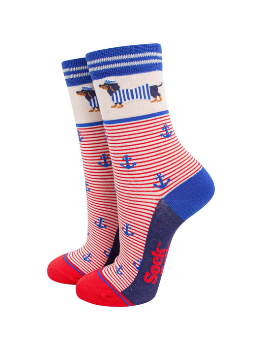 womens-bamboo-socks-cream-sausage-dog-sailor-stripe-dachshund-nautical-anchors