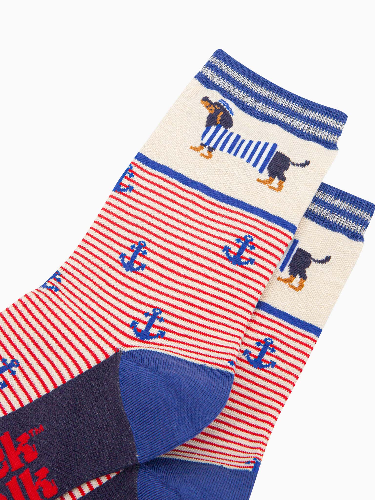 womens-bamboo-socks-cream-sausage-dog-sailor-stripe-close-up-dachshund-dresses-blue-striped-hat-jersey-blue-anchors-red-stripes