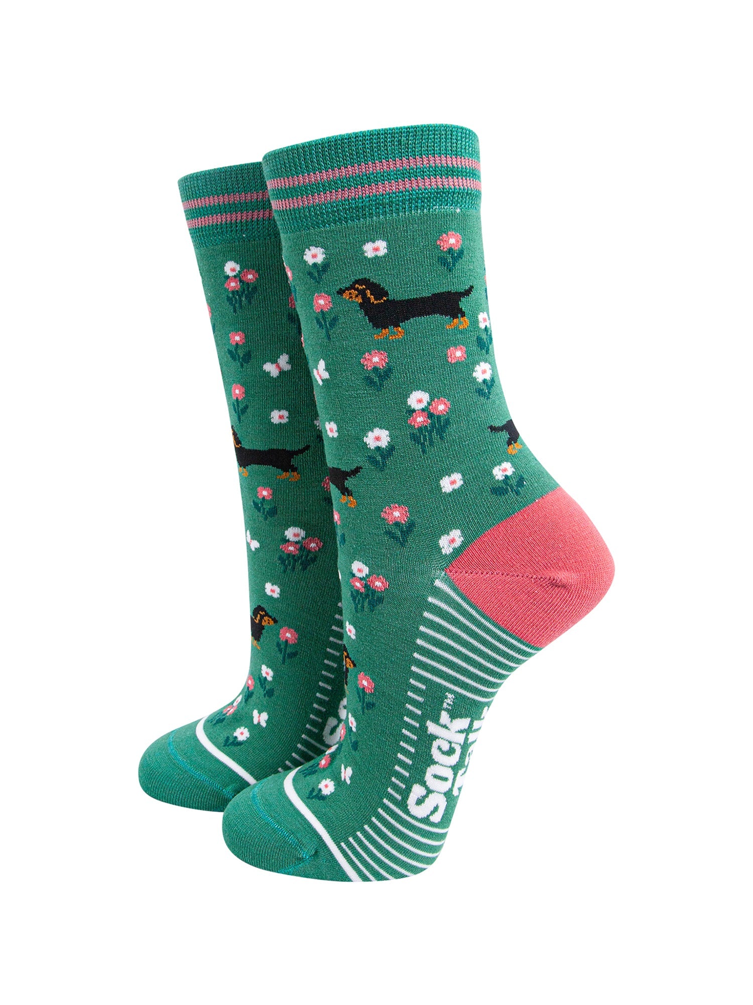 Sausage-Dog-Floral-Bamboo-Socks-in-Green-On-Mannequin