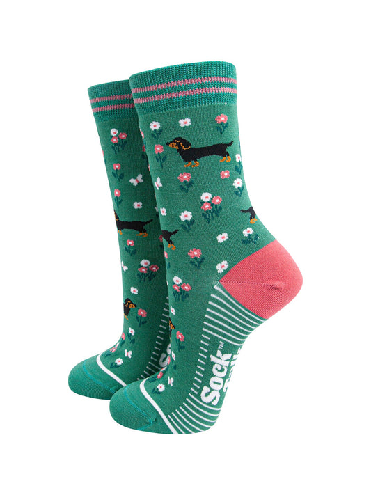 Sausage-Dog-Floral-Bamboo-Socks-in-Green-On-Mannequin