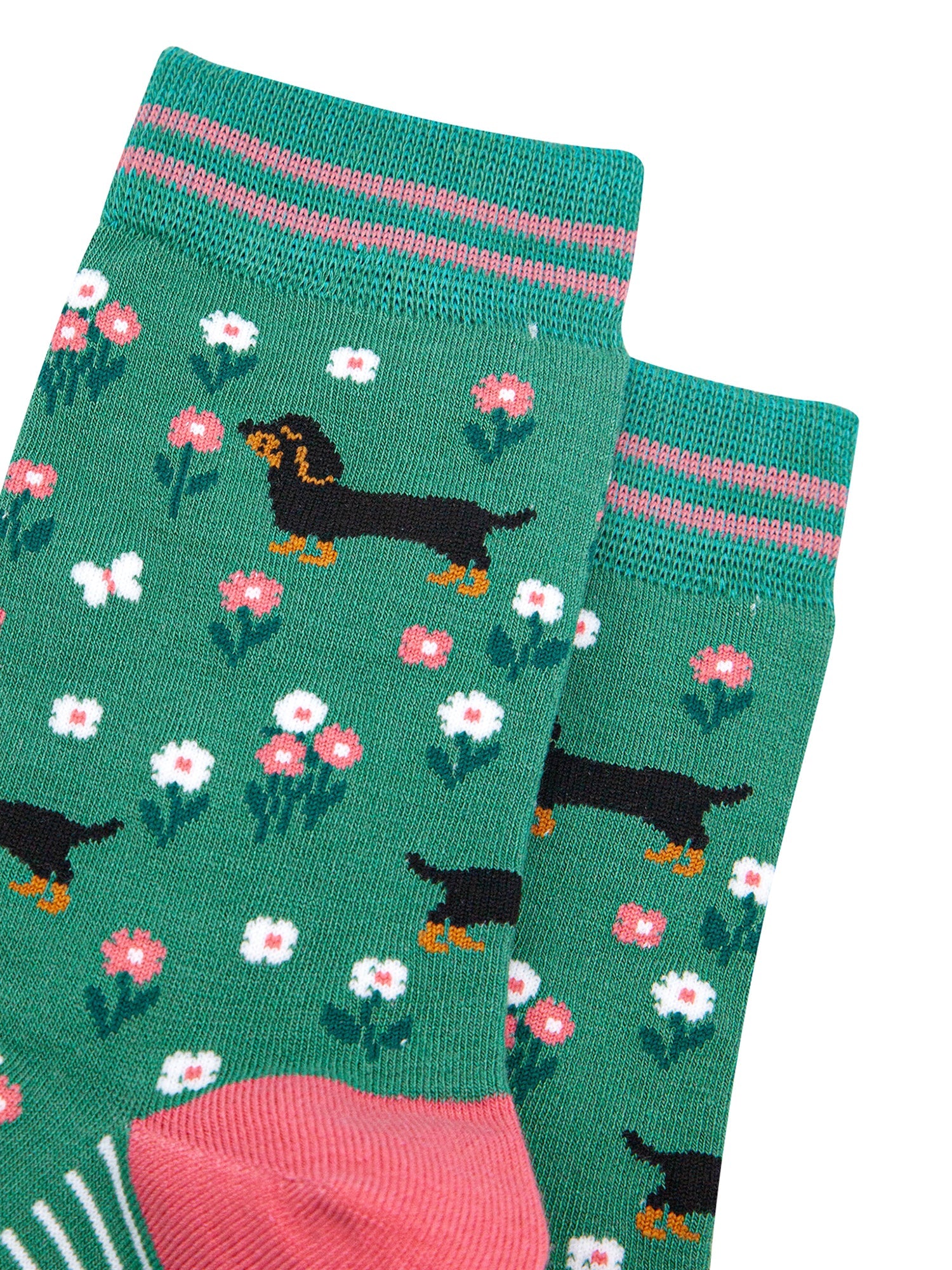 Sausage-Dog-Floral-Bamboo-Socks-in-Green-Close-Up