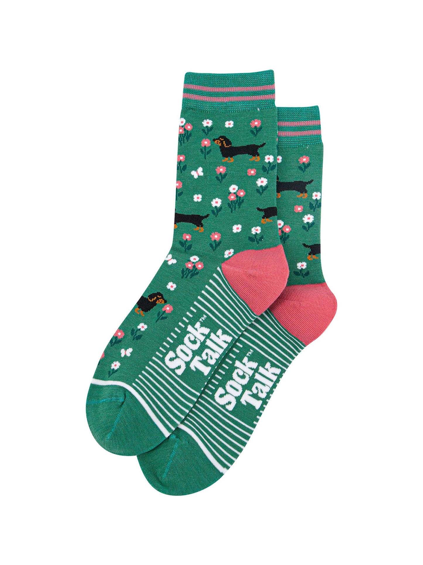 Sausage-Dog-Floral-Bamboo-Socks-in-Green-Laid-Flat