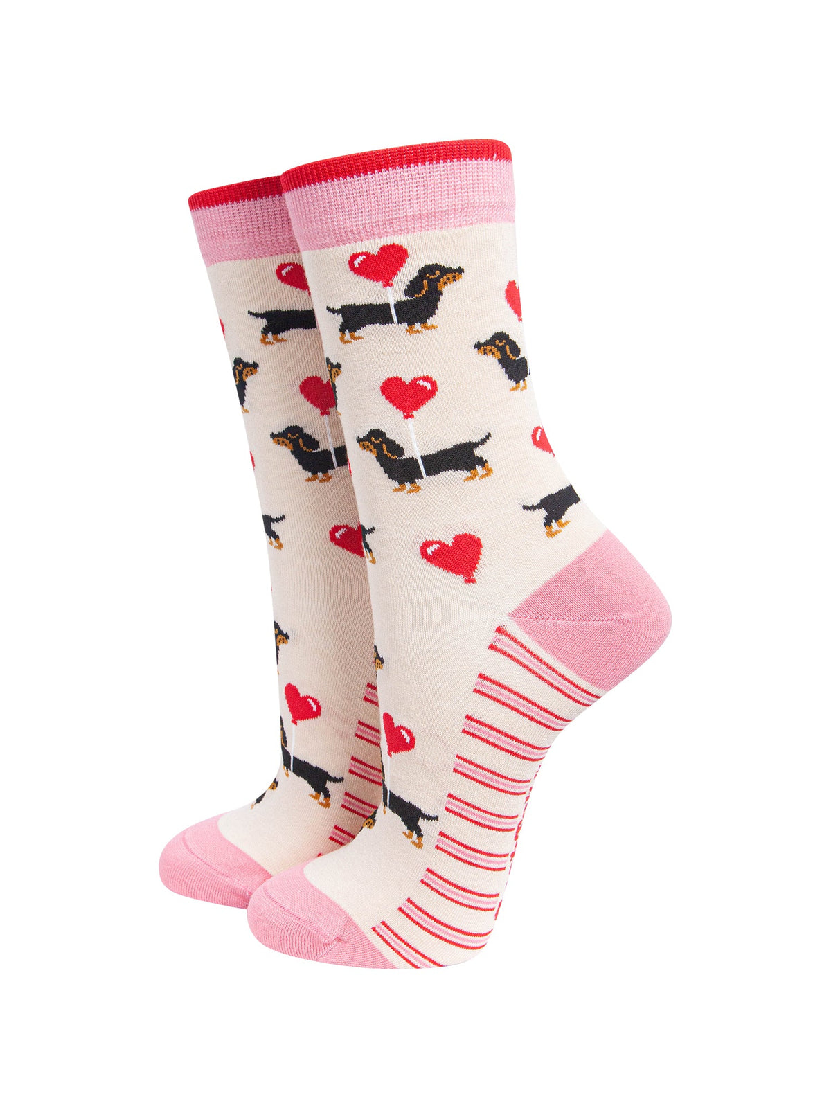 Sausage-Dog-&-Heart-Balloon-Women's-Bamboo-Socks-in-Cream-On-Mannequin