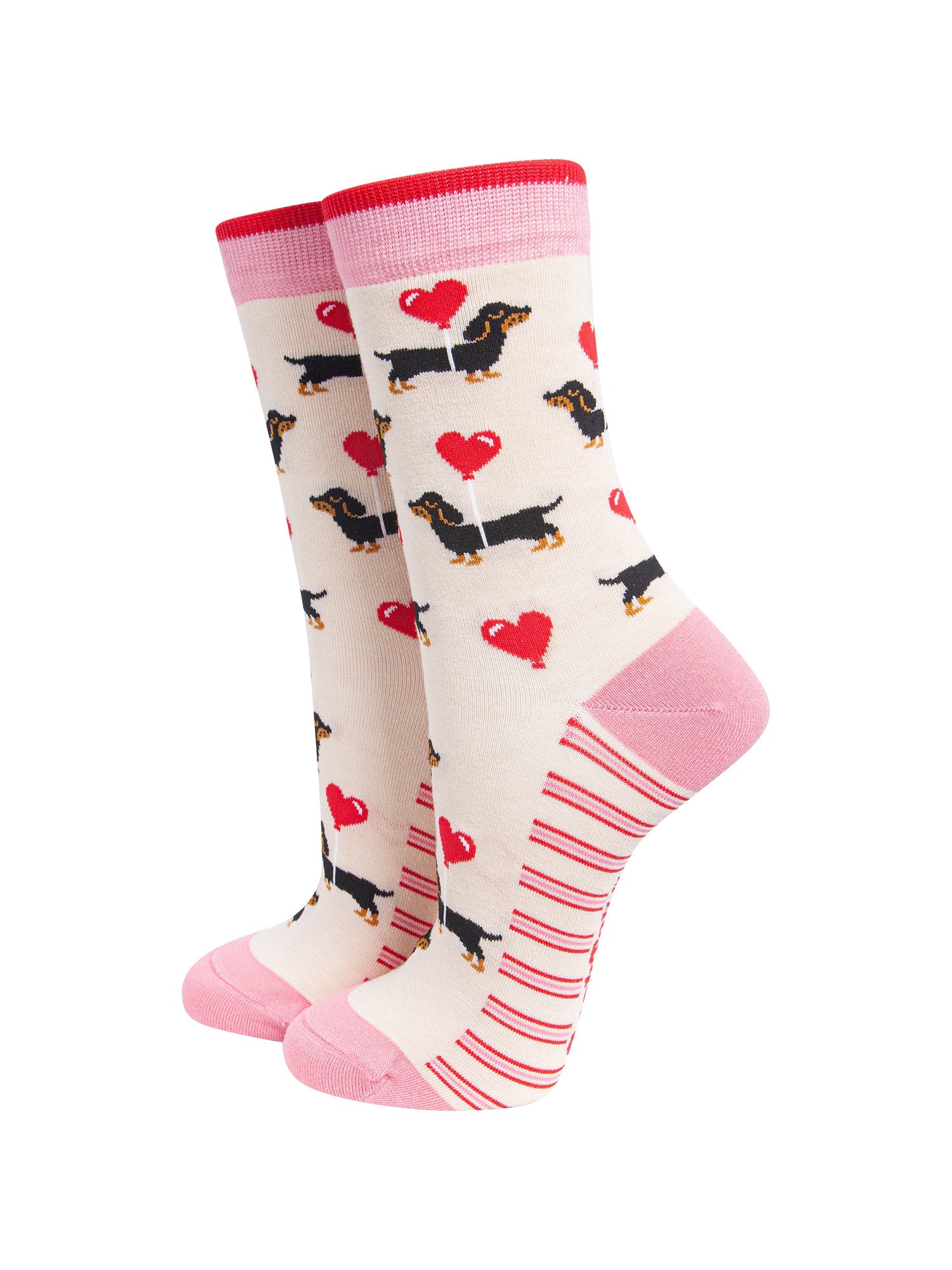 Sausage-Dog-&-Heart-Balloon-Women's-Bamboo-Socks-in-Cream-On-Mannequin