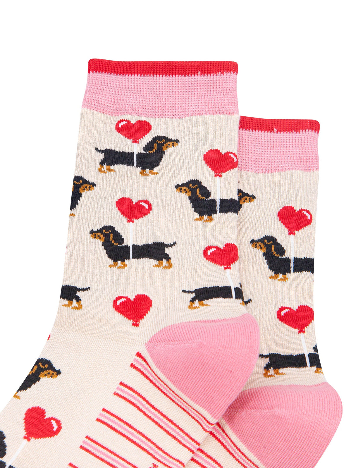 Sausage-Dog-&-Heart-Balloon-Women's-Bamboo-Socks-in-Cream-Close-Up