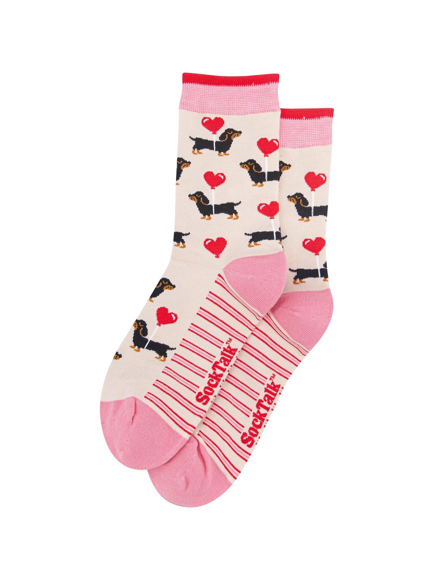 Sausage-Dog-&-Heart-Balloon-Women's-Bamboo-Socks-in-Cream-Laid-Flat