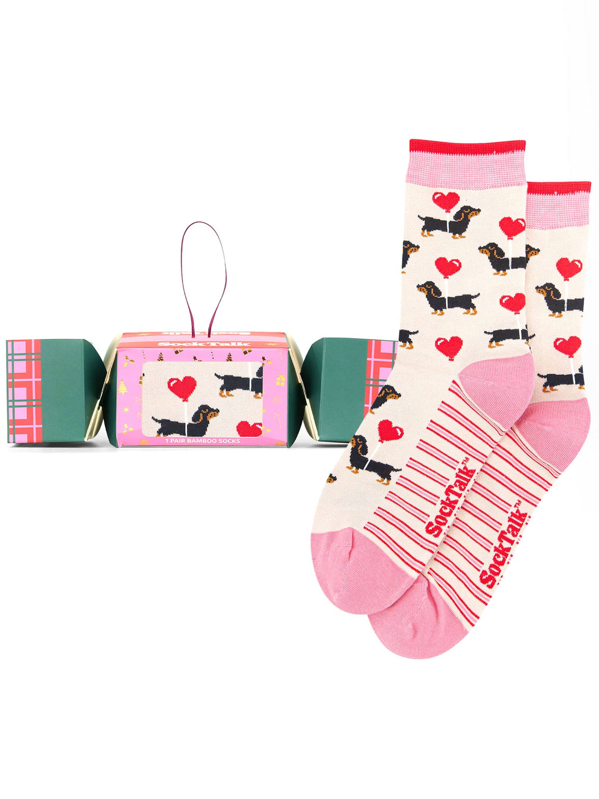 Sausage-Dog-Heart-Balloons-Bamboo-Crew-Socks-Christmas-Cracker-Gift-Box-in-Cream