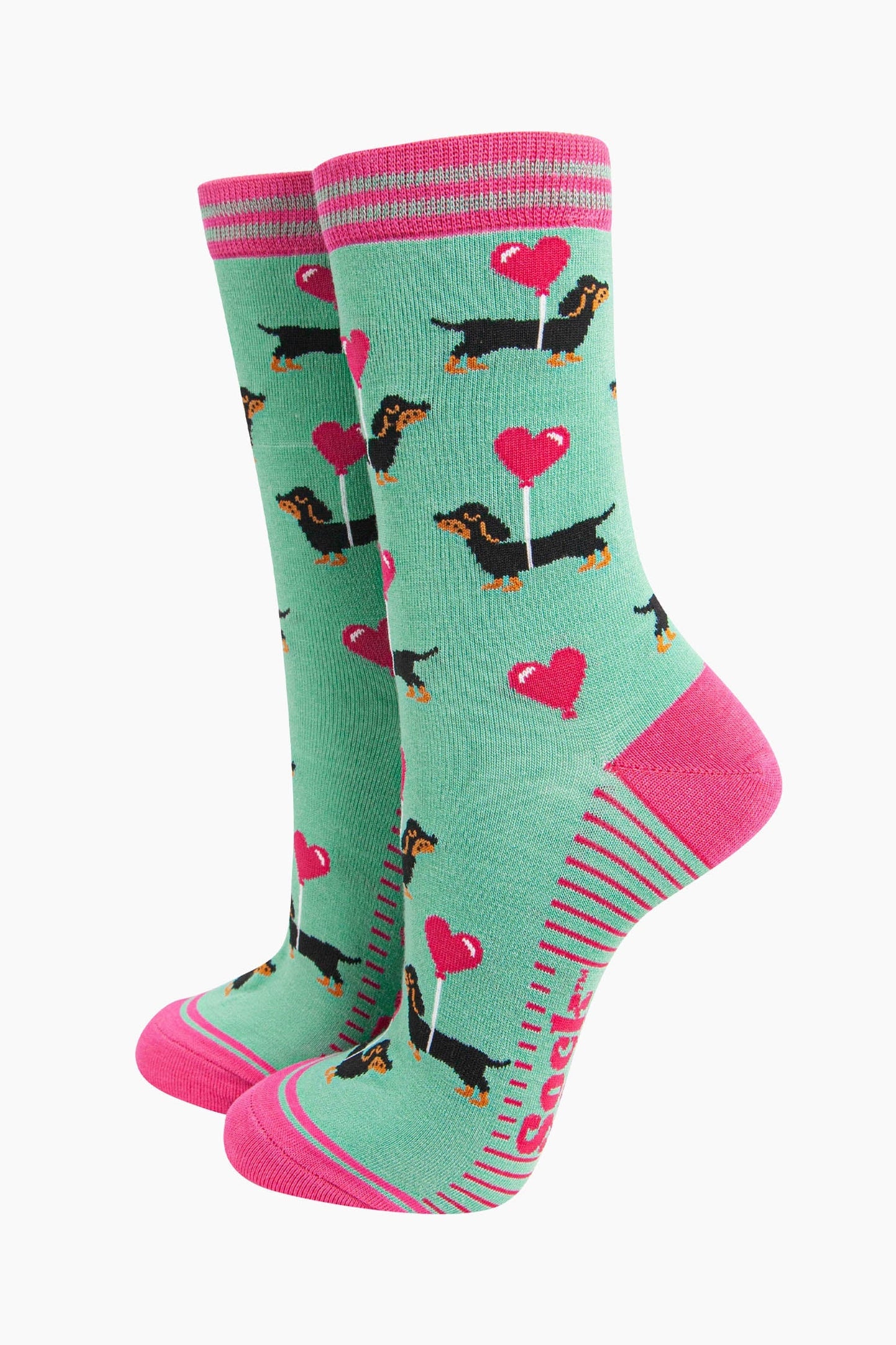 Women's Bamboo Socks - Mint, Sausage Dog with Loveheart Balloon