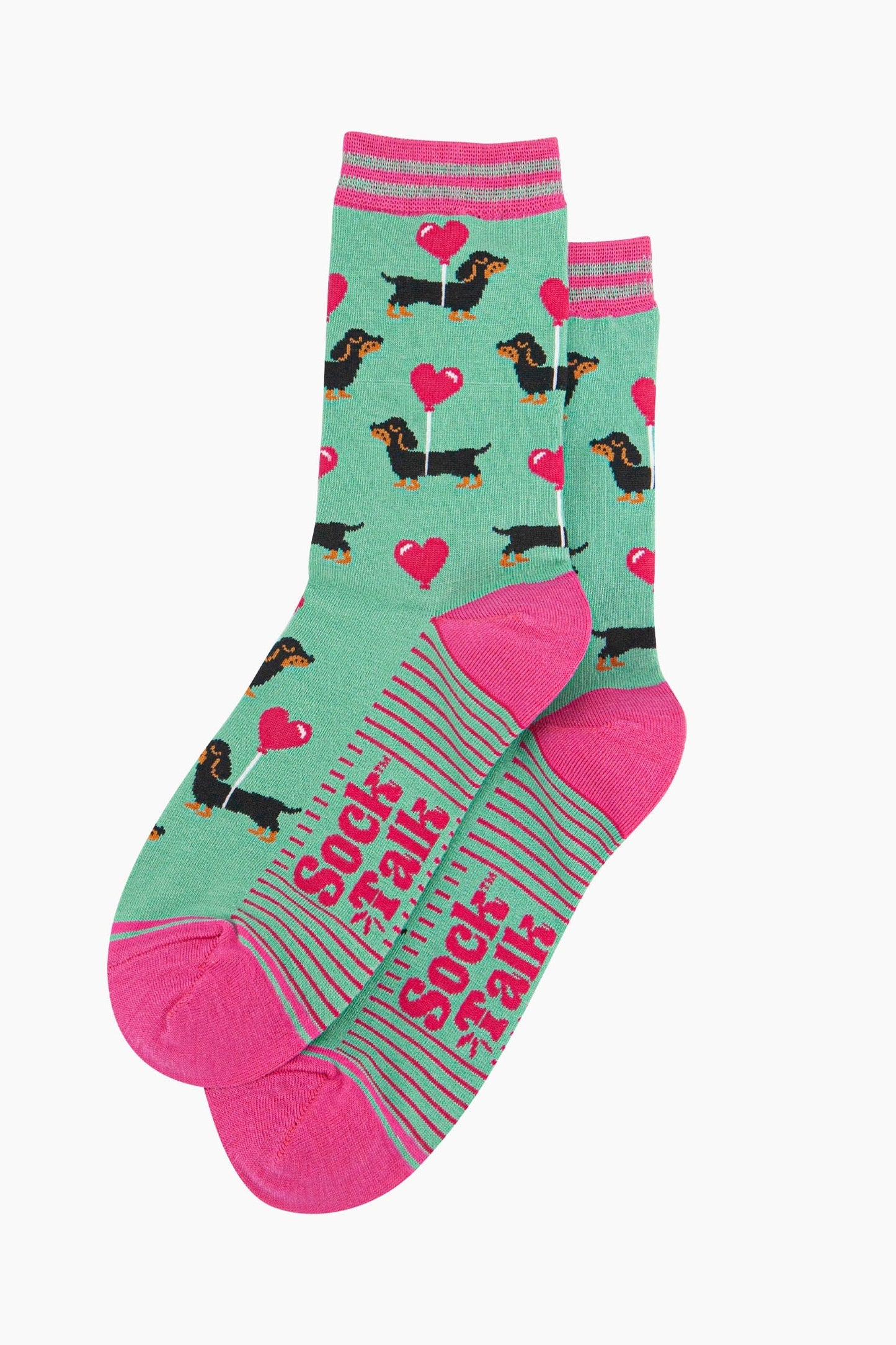 Women's Bamboo Socks - Mint, Sausage Dog with Loveheart Balloon