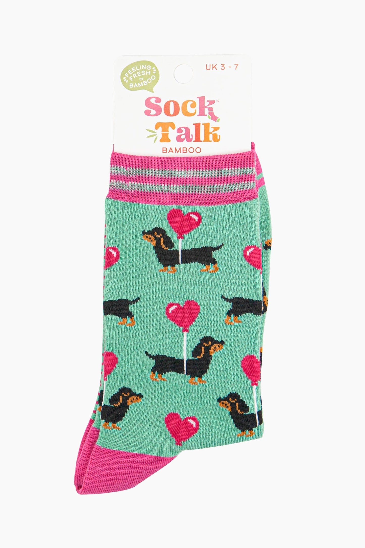 Women's Bamboo Socks - Mint, Sausage Dog with Loveheart Balloon