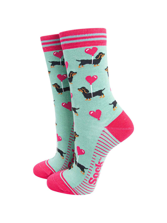 Sausage Dogs Heart Balloon Bamboo Socks in Mint