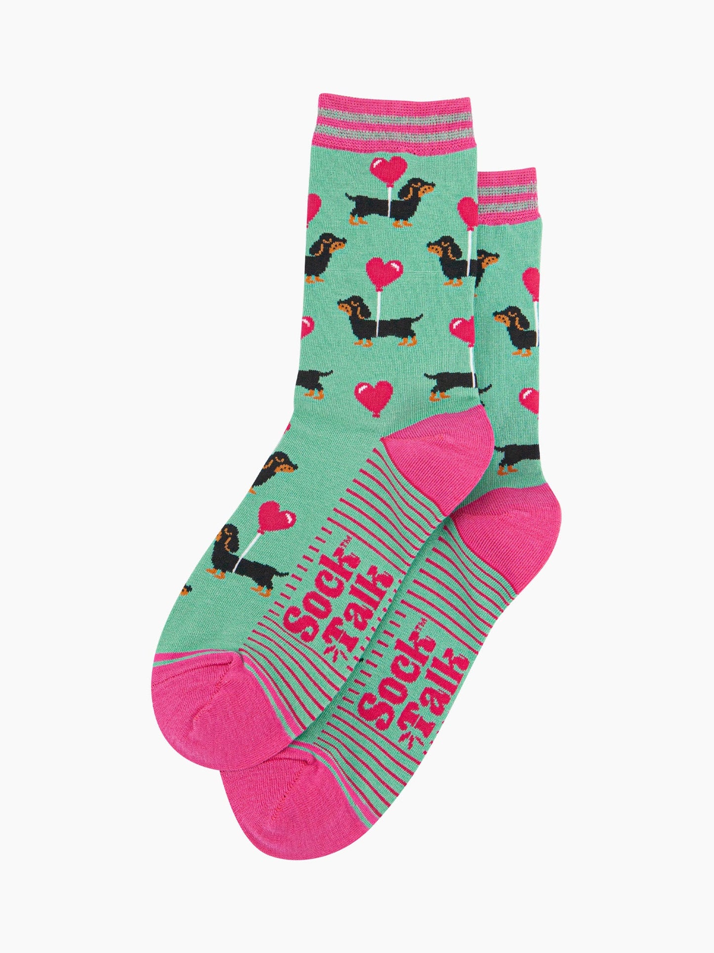 Women's Bamboo Socks - Mint, Sausage Dog with Loveheart Balloon