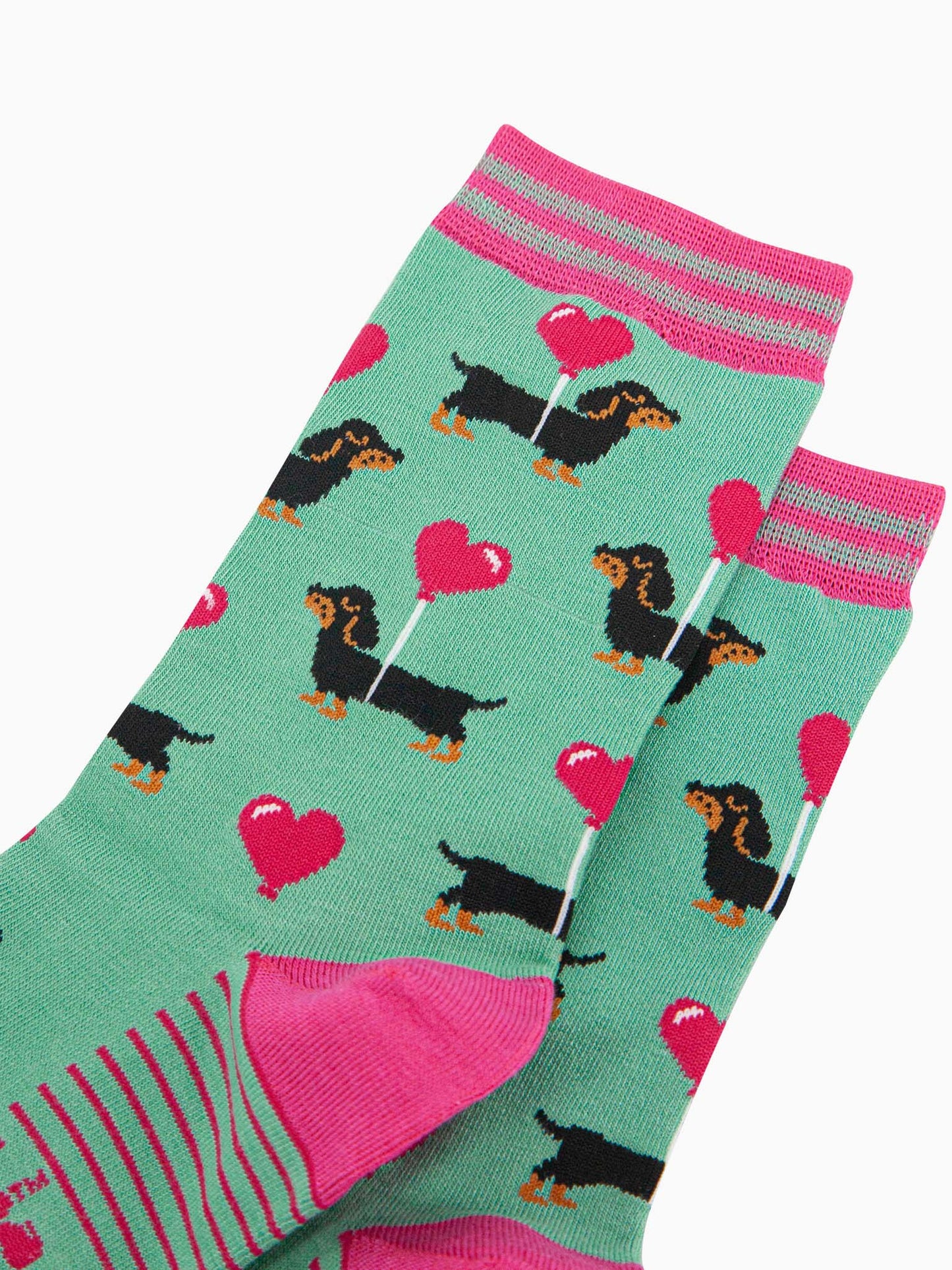 Women's Bamboo Socks - Mint, Sausage Dog with Loveheart Balloon