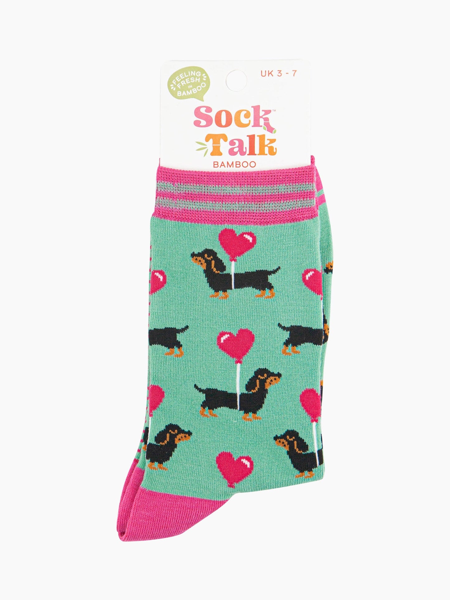 Women's Bamboo Socks - Mint, Sausage Dog with Loveheart Balloon