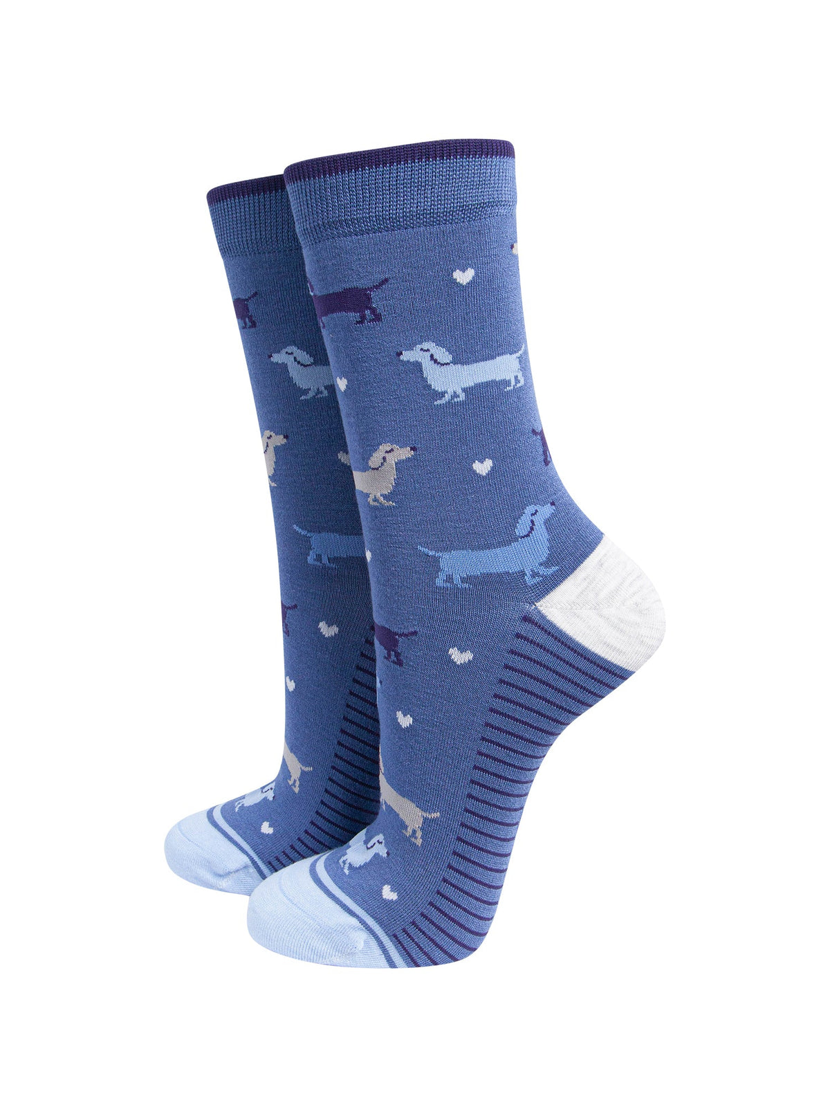 Multi-Sausage-Dog-Women's-Bamboo-Socks-in-Denim-Blue-On-Mannequin