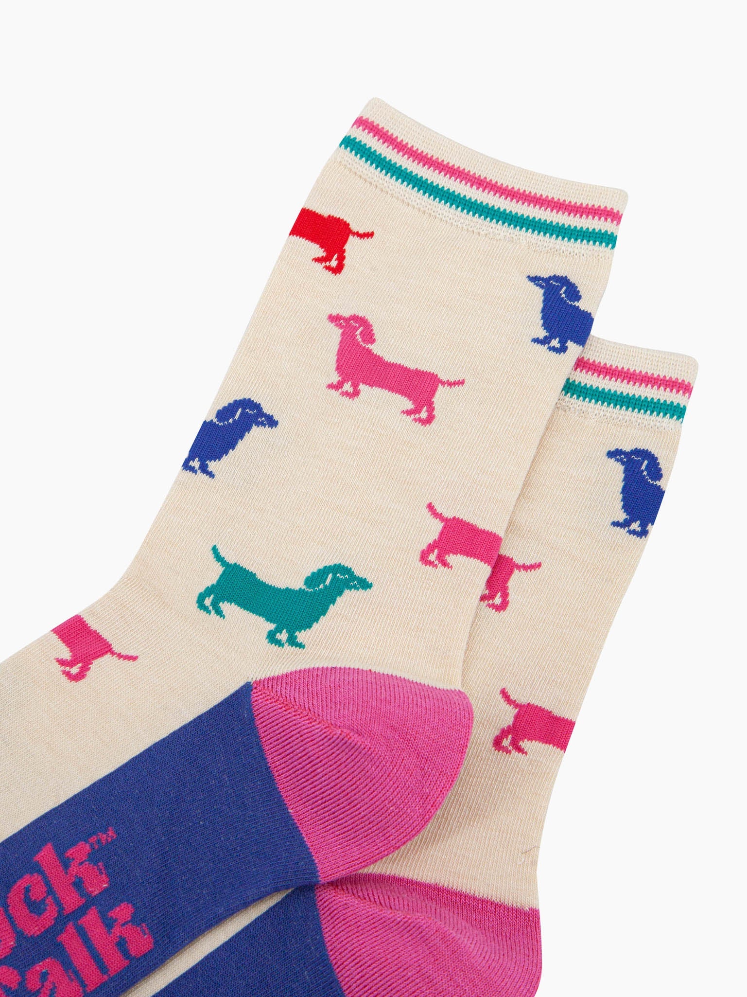 close up of the pattern. the sausage dogs are a variety of bold colours, royal blue, turquoise, pink and red. the cuff has a pink and a turquoise horizontal stripe which contrasts the cream background of the socks.