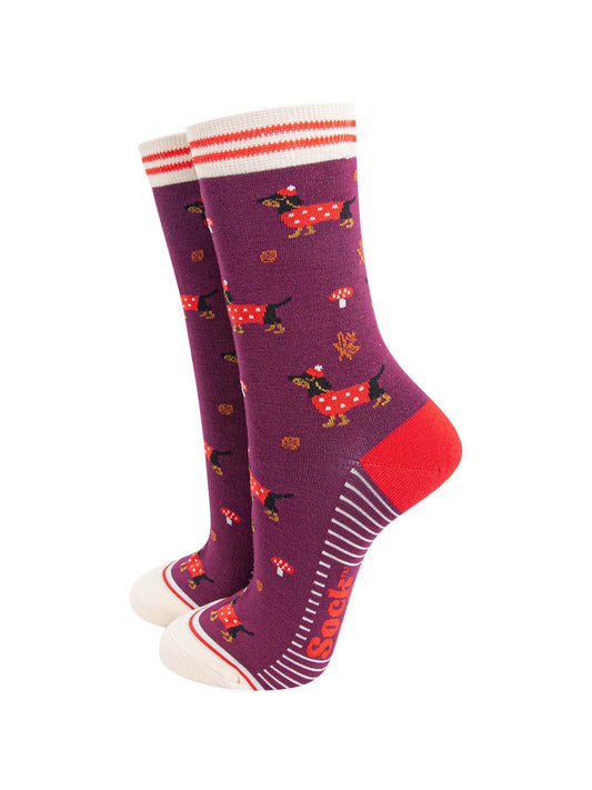 womens-bamboo-socks-berry-cream-sausage-dogs-toadstools-woodland-dachshunds