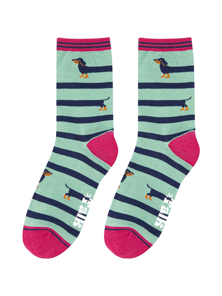 light green and pink bamboo socks with novelty winding dachshunds