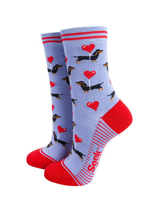 Sausage-Dogs-Heart-Balloon-Bamboo-Socks-in-Blue-On-Foot-Mannequin