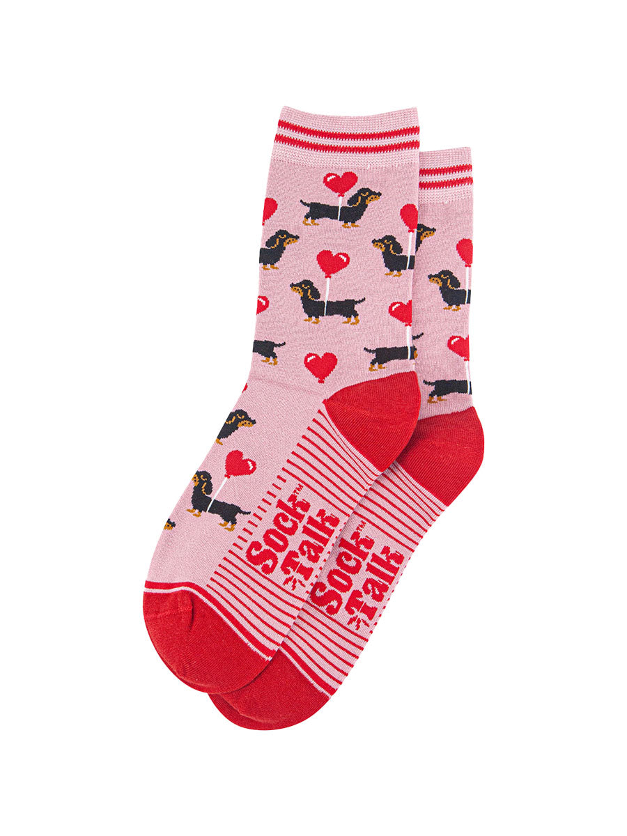 womens-bamboo-socks-light-pink-red-sausage-dogs-laying-flat