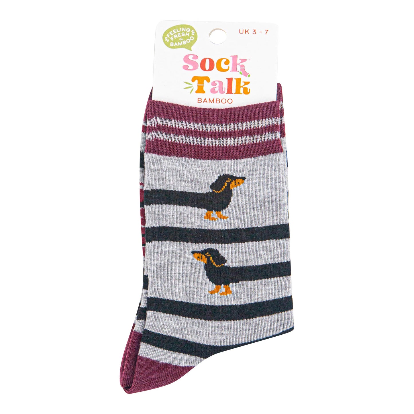 womens-bamboo-socks-grey-marl-red-sausage-dog-in-sock-talk-packaging