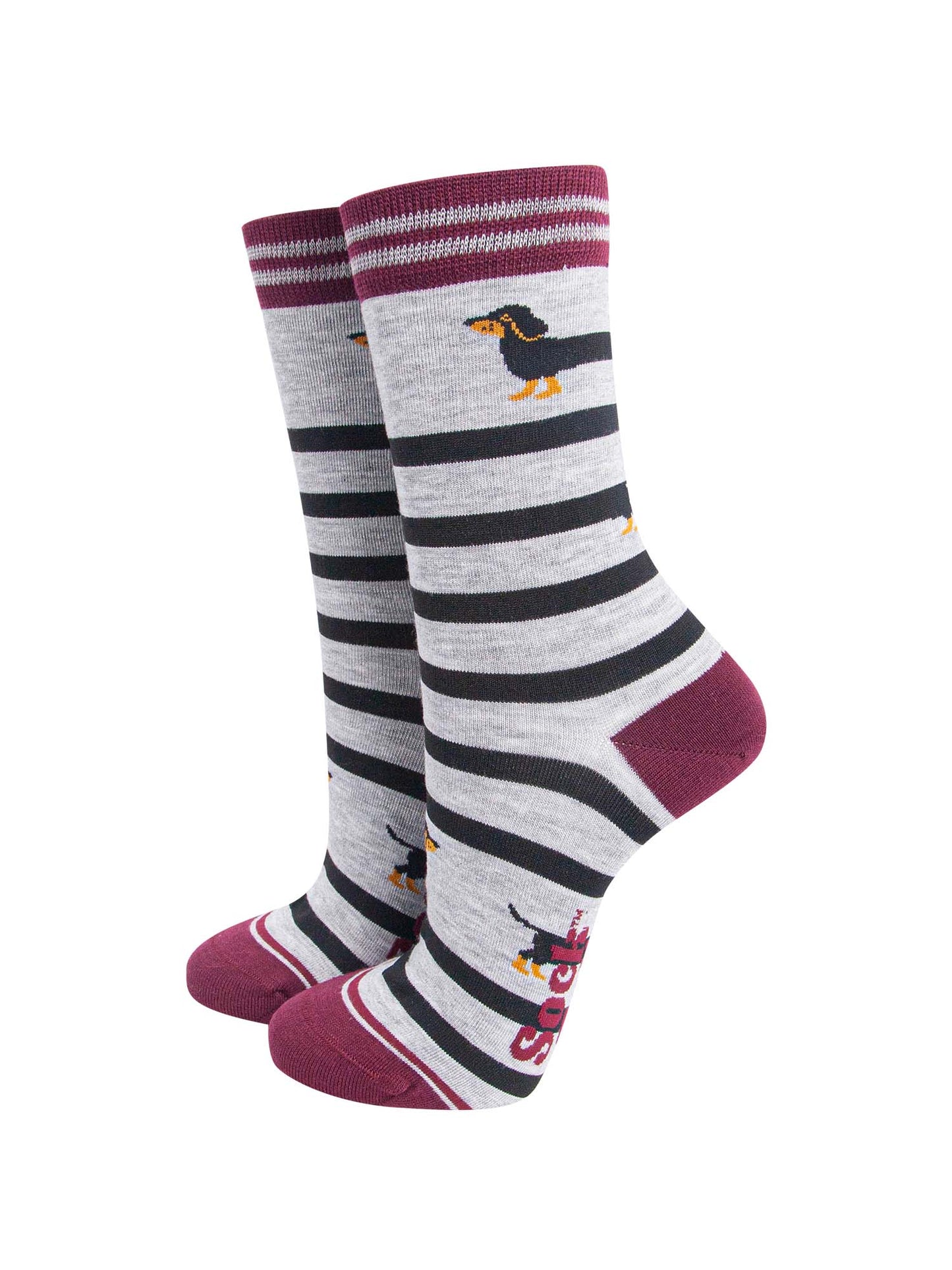 womens-bamboo-socks-grey-marl-red-sausage-dog-dachshund