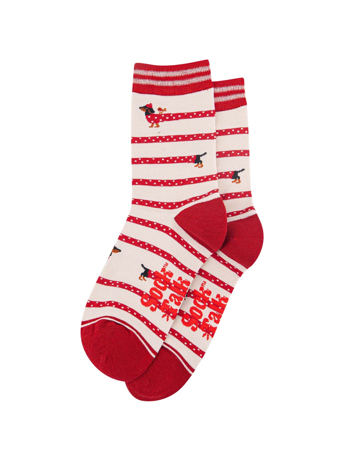 womens-bamboo-socks-cream-berry-winding-sausage-dog-laying-flat